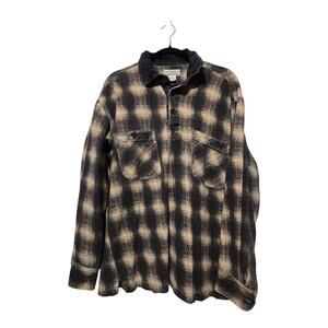 Vintage 90s Plaid Henley Woven Shirt Mens MED Gray Blue Corduroy Collar Chore